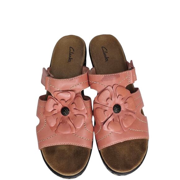 Clarks Pink Leather Floral Open Toe Slip On Women's Summer Sandal Size 9M - Picture 1 of 14